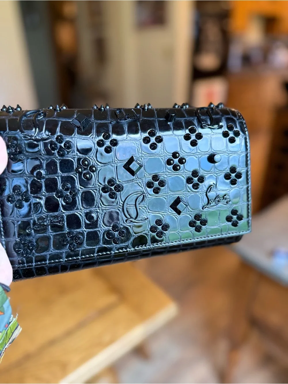 Christian Louboutin Black Patent Croc-Embossed Studded Wallet on chain 3 way bag